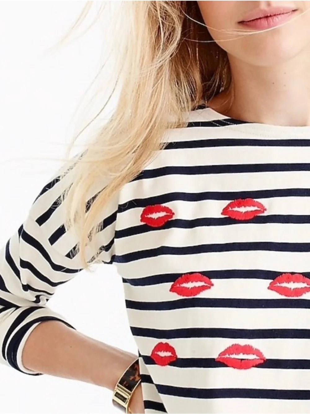 J.Crew Striped Lip Print Long Sleeve Tee Shirt Top Small